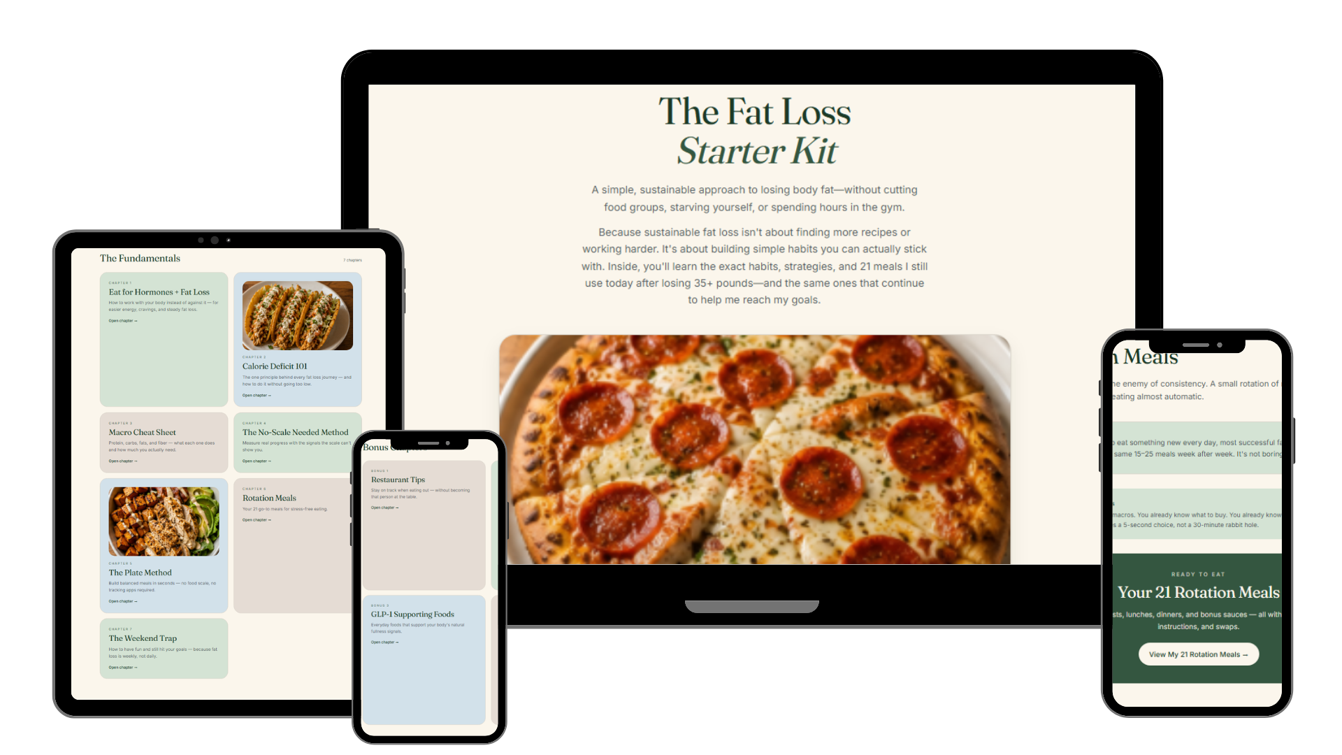 The Fat Loss Starter Kit shown on desktop, tablet, and phone