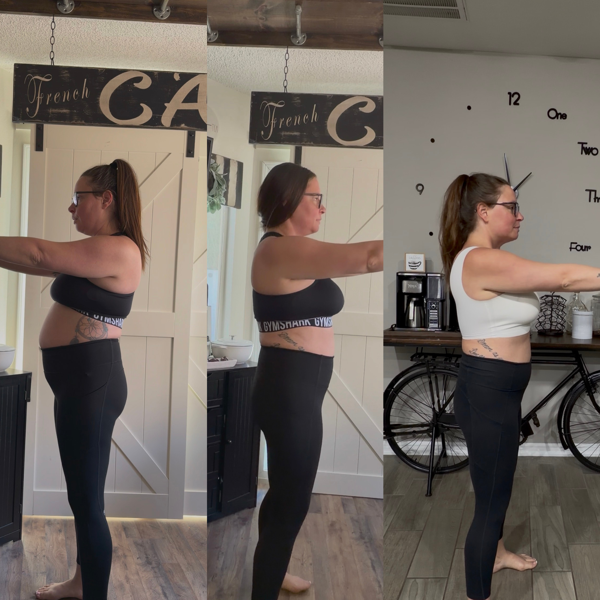 Chelsi's transformation timeline: before, 10 days later, and 4 weeks later